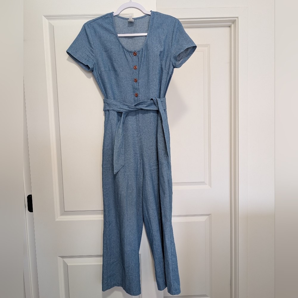 Casual Denim Blue Button-Down Jumpsuit Size XS